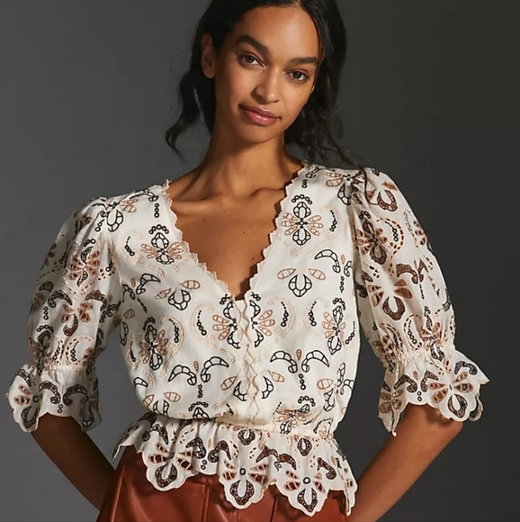 Anthropologie Cream Brown Embroidered Eyelet Blouse EUC Small - Picture 1 of 14